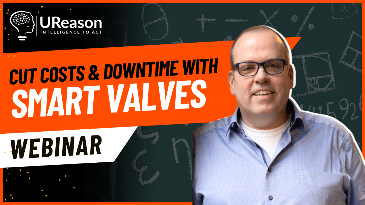 YouTube thumbnail with an orange and black theme. Text reads 'Cut Costs & Downtime with Smart Valves - Webinar.' The UReason logo is at the top left, and an image of a smiling individual in a blue shirt is on the right, with a dark chalkboard-style background featuring faint equations and diagrams.