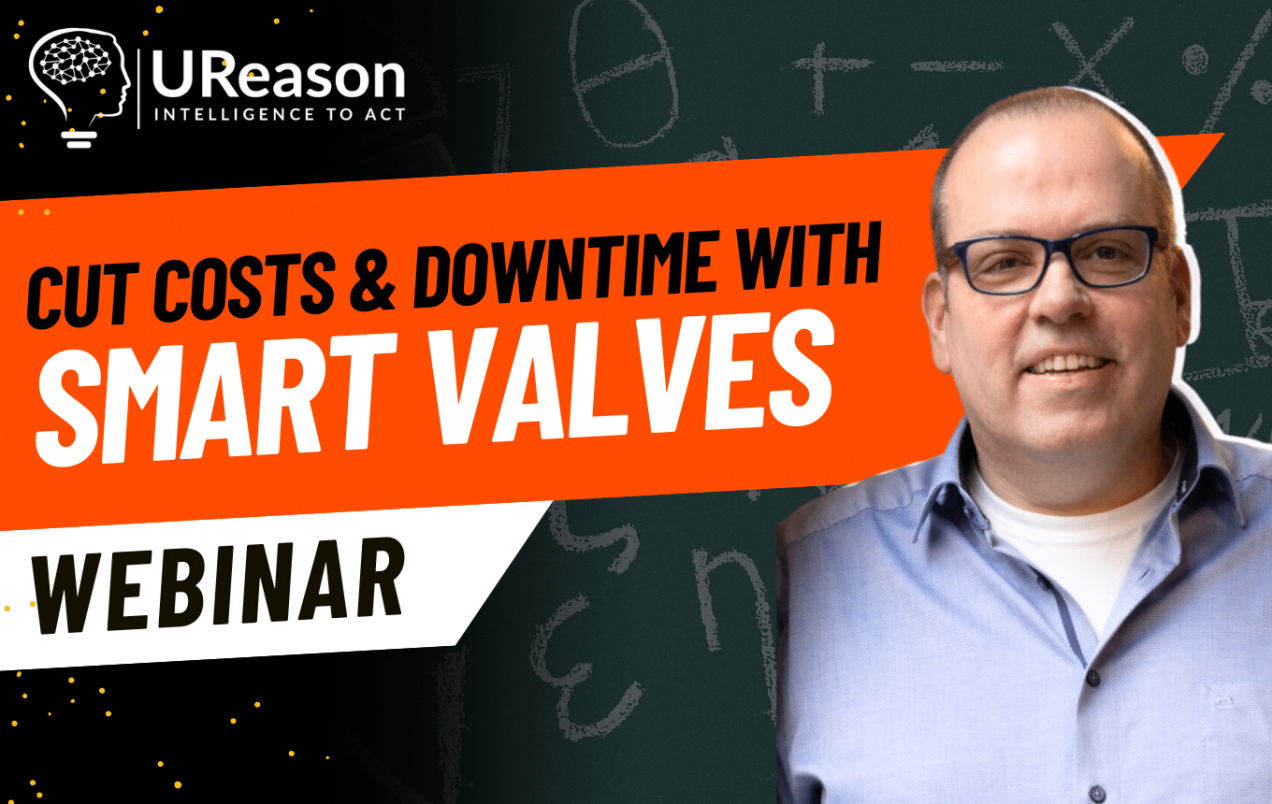 YouTube thumbnail with an orange and black theme. Text reads 'Cut Costs & Downtime with Smart Valves - Webinar.' The UReason logo is at the top left, and an image of a smiling individual in a blue shirt is on the right, with a dark chalkboard-style background featuring faint equations and diagrams.