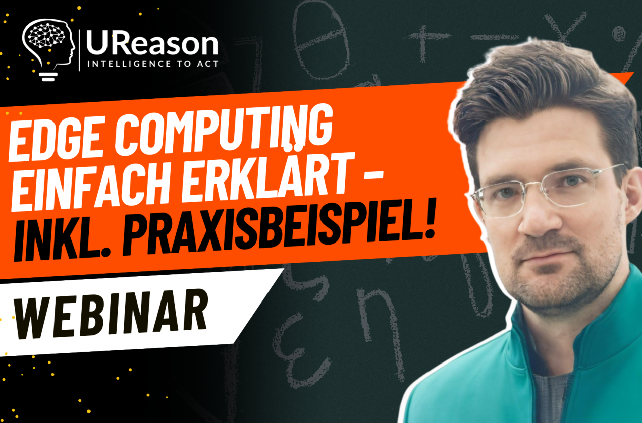 A YouTube webinar thumbnail featuring a man wearing glasses and a teal jacket, looking directly at the viewer. The background has a chalkboard-like texture with mathematical symbols and numbers. The UReason logo is in the top left corner with the tagline 